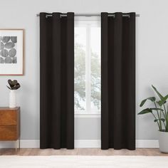 a black curtain hanging in front of a window with a potted plant next to it