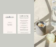 candles and flowers on a table next to a card with the words candle care tips