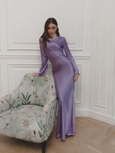 Long Sleeve Evening Dress For Spring Gala, Bias Cut Floor-length Dinner Dresses, Long Sleeve Satin Gown For Gala, Long Sleeve Satin Gala Gown, Chic Long Sleeve Satin Evening Dress, Dinner Gown With Fitted Bodice And Long Sleeves, Long Sleeve Gown With Fitted Bodice For Dinner, Long Sleeve Satin Dress For Gala, Fitted Bodice Long Sleeve Dinner Gown