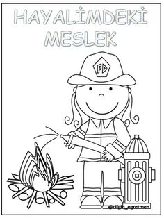 a coloring page with a fireman and a fire hydrant