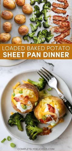 baked potato sheet pan dinner with broccoli and bacon