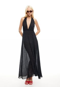 DISTRICT MAXI DRESS - ONYX POLKA – LIONESS FASHION USA Fall Dinner Maxi Dress, Fall Maxi Dress, Fashion Usa, Fall Maxi, Sheer Maxi Dress, Maxi Dresses Fall, Birthday Suit, Fall Dinner, Plunge Neckline