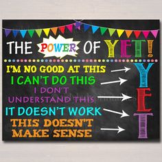 the power of yet is written on a blackboard with colorful letters and bunting