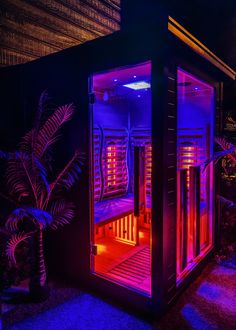 the inside of a small building lit up with red and blue lights in front of a palm tree