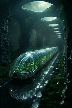 a futuristic train traveling through a tunnel with plants growing out of the side of it