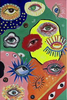 an abstract painting with lots of different colors and shapes, including the eyeballs