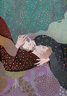 a painting of two people embracing each other in the woods, with stars and bubbles all over them