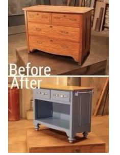 before and after photos of an old dresser turned into a kitchen island with drawers on each side