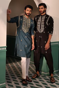 Buy Shreyansh Designs Green Padma Silk Mushq Hand Embroidered Kurta With Pant Online | Aza Fashions Hole Embroidery, Kurta Designs Men's, Silk Kurta Set, Boys Kurta Design, While Loop, Black Kurta, Gents Kurta Design