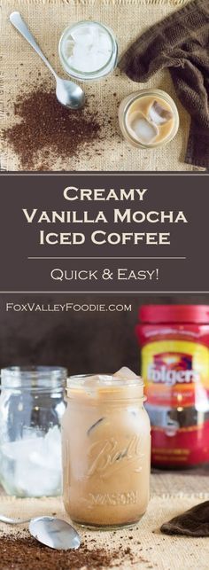 creamy vanilla mocha iced coffee recipe in a mason jar with spoons on the side