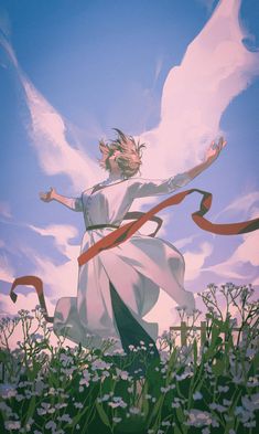 an anime character is flying through the air with her arms spread out in front of flowers