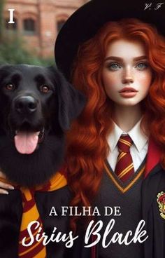 a woman with long red hair wearing a harry potter outfit next to a black dog