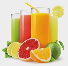 three glasses filled with different types of juices and fruit next to each other on a white background