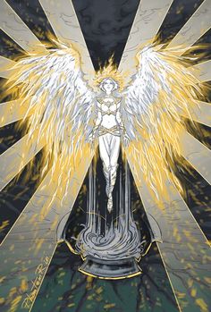 an angel standing in the middle of a room with yellow light coming from its wings