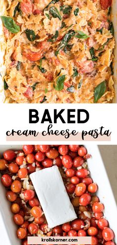 baked cream cheese pasta with tomatoes and basil