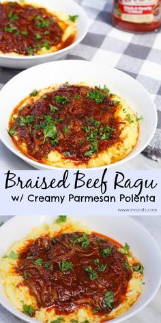 two white plates filled with food on top of a checkered table cloth and text that reads braised beef ragu w creamy parmesan