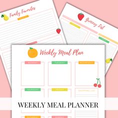 the weekly meal planner printable is on top of a pink background with oranges and apples