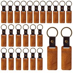 wooden key fobrings with black leather handles and brass hardware, set of 12