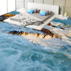 a bed sitting on top of a floor covered in water