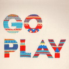 the word go play is made up of colorful letters on a white background with red, blue and green designs