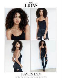 four photos of a woman with curly hair wearing black clothing and jeans, posing in front of a white background