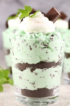 mint mousse trifle with chocolate chips and whipped cream