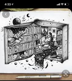 an ink drawing of a book shelf with books on it and space in the background