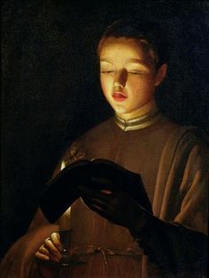 a painting of a young man reading a book and holding a lit candle in his hand