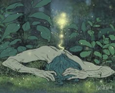 a drawing of a person laying on the ground in front of some plants and trees