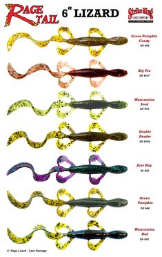 several different types of fishing lures are shown in this advertisement for rage tail lizard