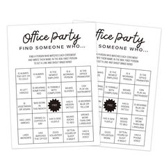 two black and white printable game cards with the words office party, find someone who