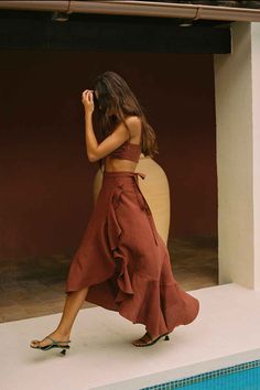 arkitaip Skirts The Catalina Linen Wrap Skirt in Terracotta Ruffle Skirt Long, Terracotta Linen, Style Analysis, Skirt Linen, Ruffle Linen, Bohemian Skirt, Green Technology