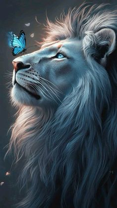 a lion with a blue butterfly on its nose and it's head in the air