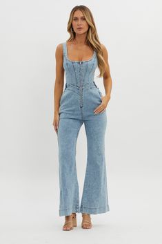 Intermission Flared Leg Jumpsuit Denim Denim On Denim Women, Denim Jumpsuit Cowboy Boots, Denim One Piece Jumpsuit, Western Denim Jumpsuit, Retro Blue Denim Jumpsuit, Jean Romper Outfit, 70s Denim Jumpsuit, Trendy Blue V-neck Denim Jumpsuit, Cutesy Clothes