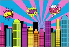 an image of a city skyline with pop art