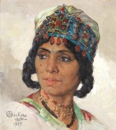 an oil painting of a woman wearing a headdress