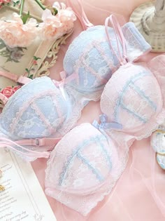 Heaven Sent Sweet Lolita Nymphet Lingerie Set featuring push-up bra with lace and ribbon detail and matching panties. Deer Doll, Oki Doki, Pretty Bras, Cute Bras, Cute Lingerie, Custom Made Clothing, Heaven Sent, Sweet Lolita, Lace Lingerie