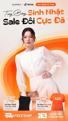 a woman in white dress standing next to an orange and white background with the words sale do