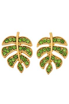 Luxurious and stylish, these gold leaf studded earrings are sure to make a statement. The green stones on a gold base are striking as they catch the light. Approx. Length 0.81" Green CZ Diamonds 18k Gold PVD over Sterling Silver Studded Earrings, Green Stones, Cz Diamond, Palm Leaf, Green Stone, Palm Leaves, Leaf Earrings, Gold Earrings Studs, Gold Studs