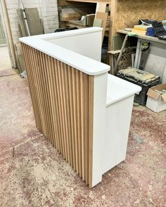 Reception desk, Solid oak slats 🤍 Wood Slat Front Desk, Small Front Desk Ideas, Salon Suite Reception Area, Reception Desks Office, Reception Desk Makeover, Salon Break Room Ideas Small Spaces, Small Front Desk Ideas Reception Areas, Small Reception Desk Design Modern, Salon Break Room Ideas