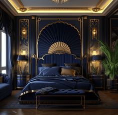 a bedroom with blue walls and gold accents