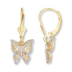 Sweet inspiration in scrollwork design, these delicate butterfly drop earrings are crafted in 14K yellow gold with a white rhodium flash. The earrings secure with Euro-wire backs. Flower Engagement Ring Set, Jared Jewelry, Butterfly Dangle Earrings, Flower Diamond Ring, Gold Heart Earring, Gold Stock, Jewelry Advice, Hammered Hoop Earrings, Jared The Galleria Of Jewelry