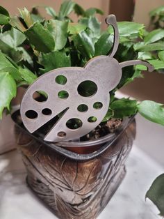 a potted plant with some metal bugs on it's back and holes in the middle