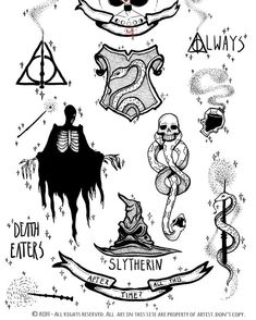 some harry potter tattoos on a white background