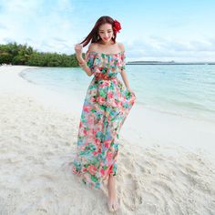 #Unique Fashion Girls Long Floral Summer Maxi Dresses Beach Photoshoot Ideas, Photoshoot At The Beach, Dresses Colors, Honeymoon Dress, Summer Maxi Dress Floral