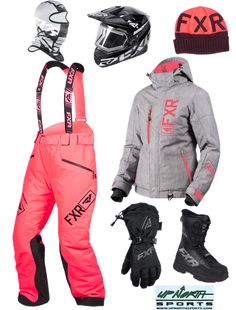 an assortment of snow gear including skis, gloves and hats are displayed on a white background