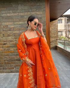 Orange Indian Outfit, Orange Anarkali, Flared Suit, Haldi Outfits, Georgette Anarkali, Lehenga Designs Simple