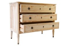 a wooden dresser with three drawers and two legs