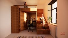 two people are sitting on the stairs in this small room that has been converted into a loft bed