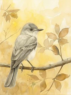 a bird sitting on top of a tree branch next to leaves and yellow watercolor background